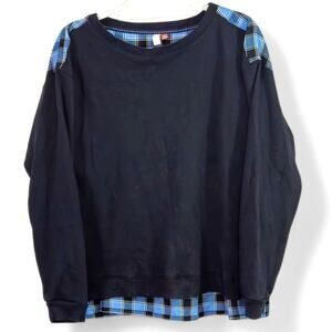 Pilcro Plaid Back Mixed Media Sweater Navy Blue Gingham Size L Cottagecore